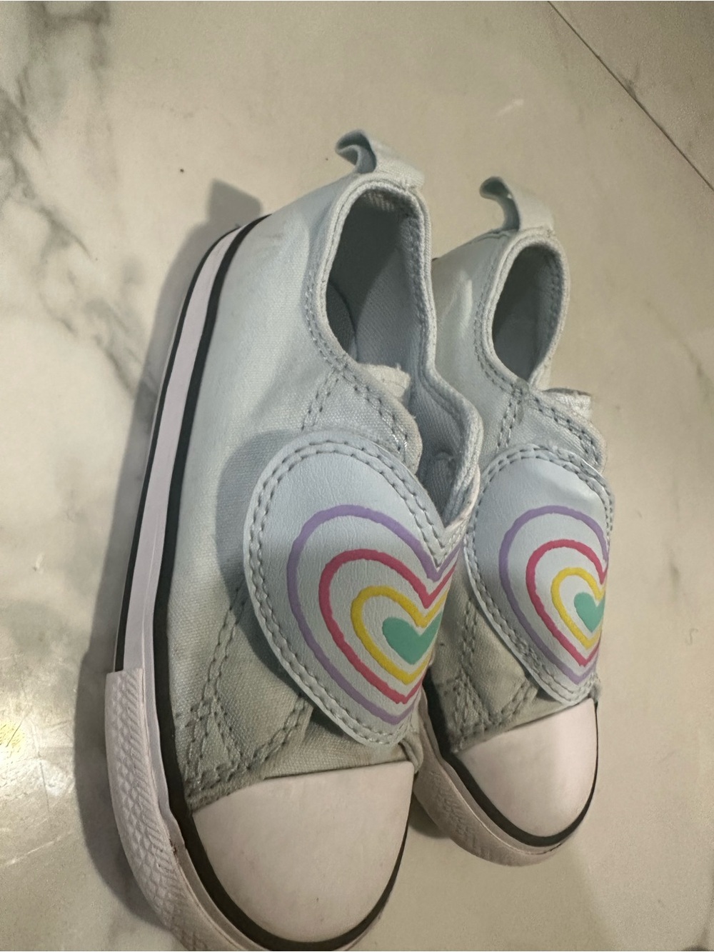 Converse Kids Light Blue Slip-On Sneakers with Rainbow Heart Patch